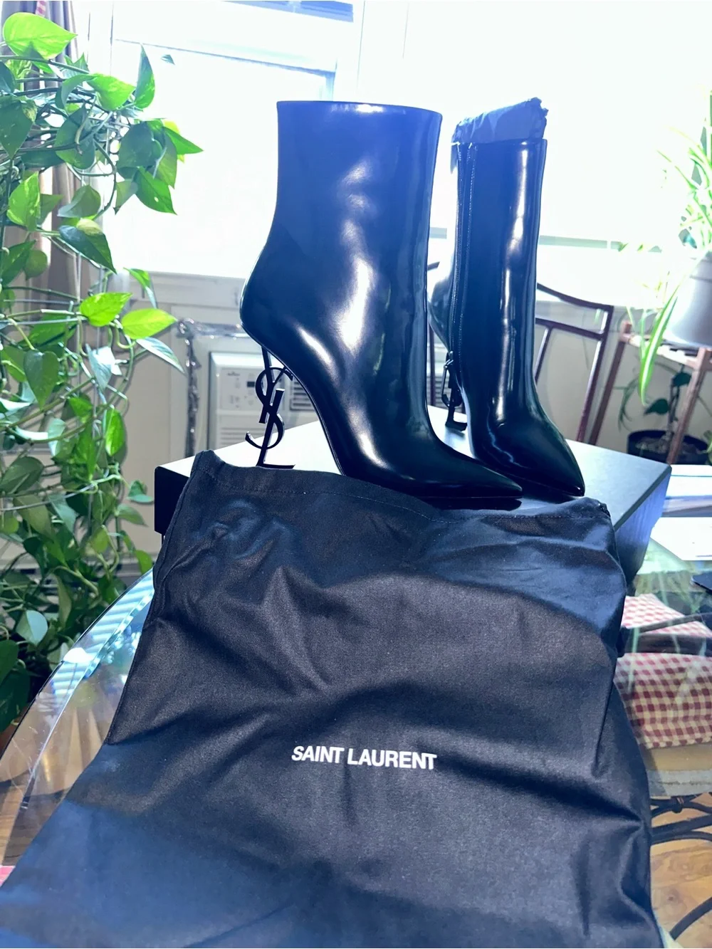 Saint Laurent Opyum Black Patent Leather Boots with YSL Logo Heel | Brand New